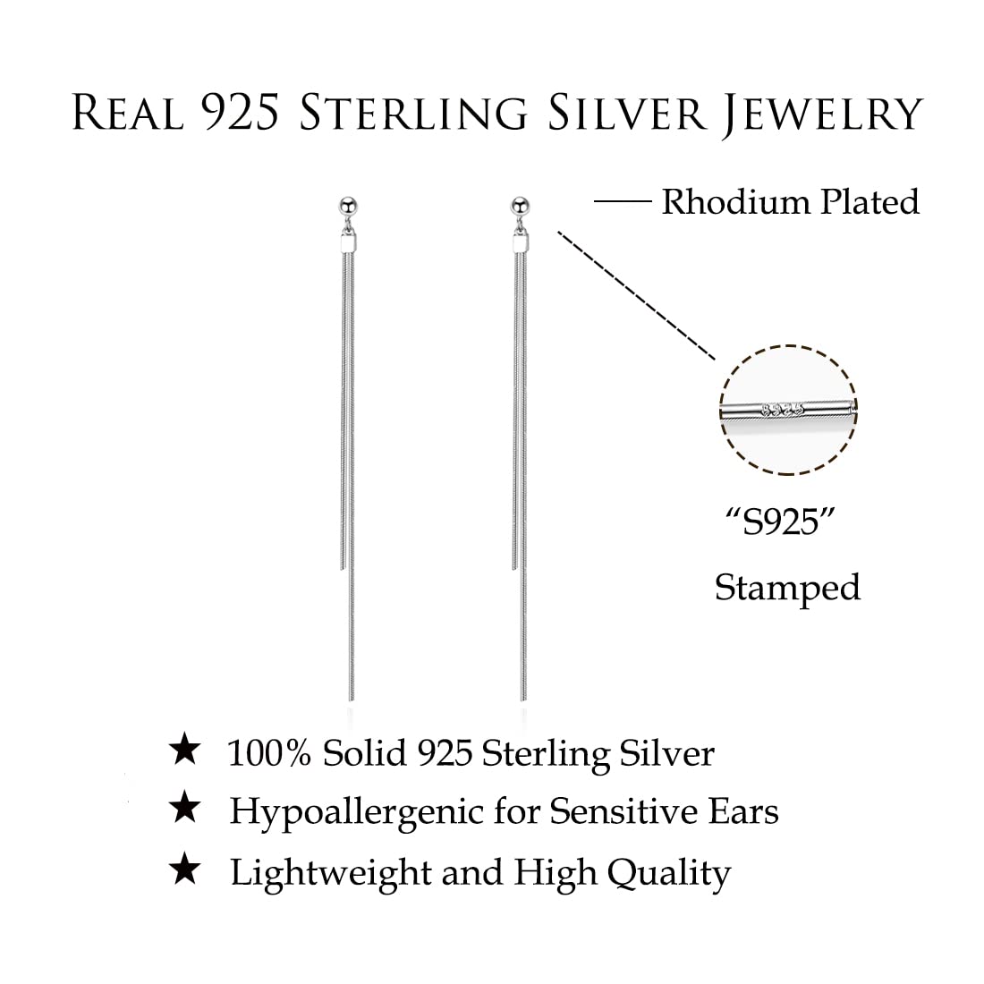 Reffeer 925 Sterling Silver Tassel Chain Dangle Earrings for Women Girls Long Dangle Earrings Drops Ear Line (A-Silver)