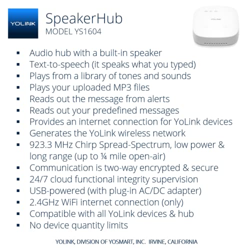 YoLink SpeakerHub & Three Water Leak Sensors Starter Kit – Plays Tones/Sounds, Spoken Messages, LoRa-Powered ¼ Mile Range, App Alert, Emails, SMS/Text, IFTTT