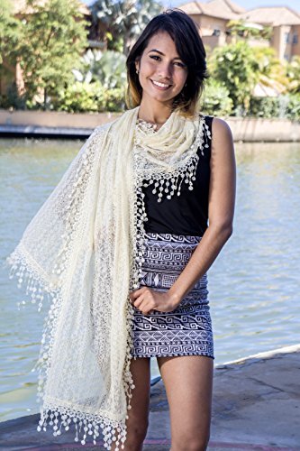 Cindy and Wendy Lightweight Soft Leaf Lace Fringes Scarf shawl for Women (TYH-BLACK)