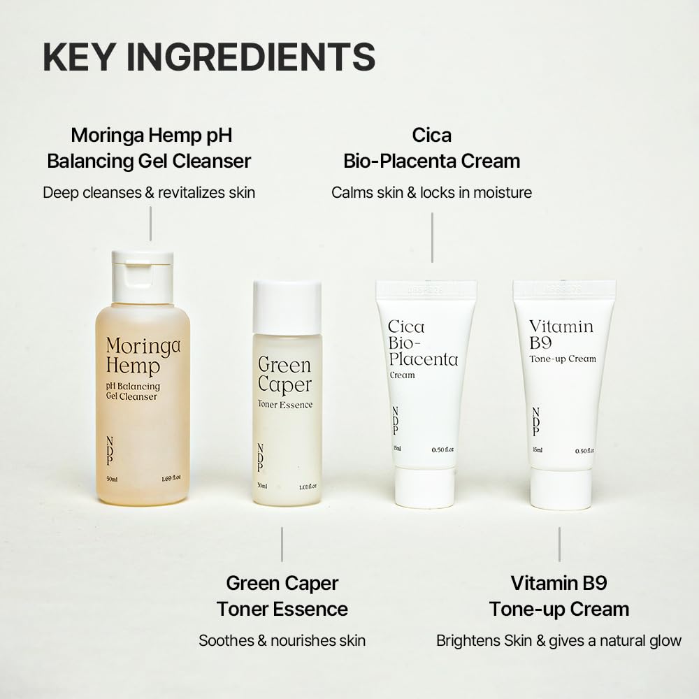 Natural Derma Project Travel Kit (Cleanser 1.69 fl.oz, Toner Essence 1.01 fl.oz, Cica Cream 0.5 fl.oz, Makeup Primer 0.5 fl.oz) | Mini Travel Size, Holiday Gift, Facial Skincare Routine Set