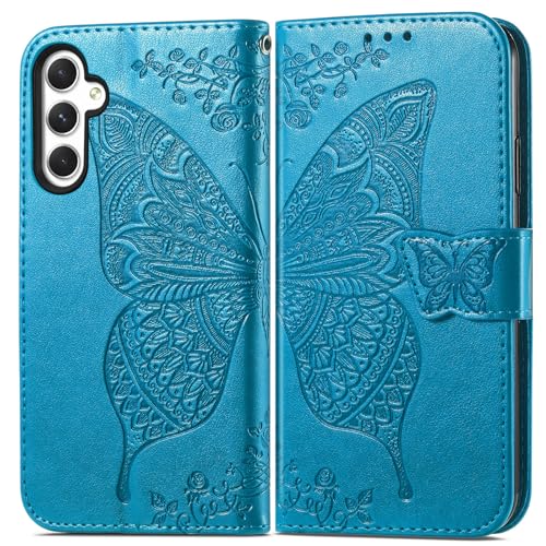 Wallet Case for Samsung Galaxy A25 5G,Women Flip Folio PU Leather Protective Case Wrist Strap Card Slots Holder Purse Emboss Butterfly Flower Stand Flip Case for Samsung Galaxy A25 5G Blue