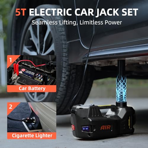 Electric Car Jack Hydraulic Kit 5 Ton 12V with Impact Wrench Power, Built-in Inflator, LED Light, Portable Floor Gata para for Vehicle Truck SUV Automatic Lift Change Tire Repair Black