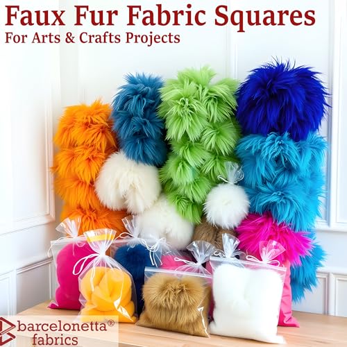 Barcelonetta Faux Fur Fabric | Pre-Cut Fur Squares for Sewing, DIY Crafts, Costumes, Upholstery | Soft, Vegan Faux Fur | Material for Plush Toy Projects (2-Wht 2-Blk Pack, 10" X 10")