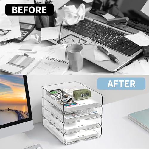 OUTIOE 4-Tier Paper Organizer for Desk, Stackable Desk Organizer Paper Tray, Desk Accessories & Workspace Organizers, Ideal for Office Supplies, Paper Storage (Clear) (4-Tier)