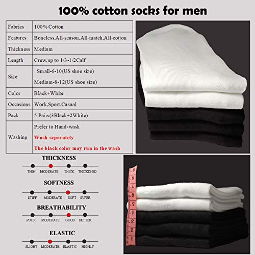 Ait fish Men's 100% Cotton Crew Socks Black and White Pack of 5 for All-season