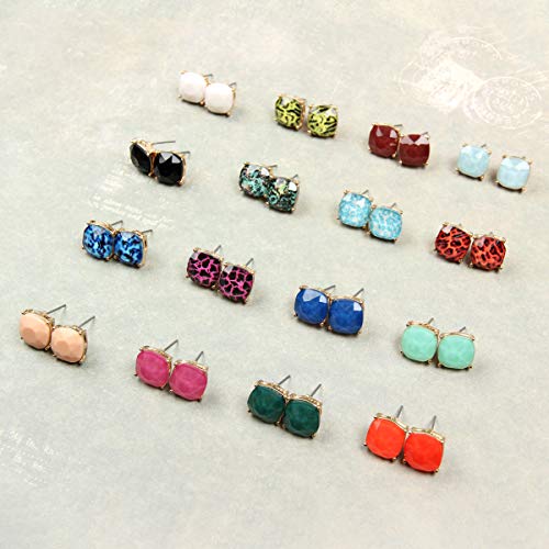 Faceted Jewel Statement Stud Earrings - Lightweight Square Cushion Cut Post Ear Studs for Women (Plaid Red 2)