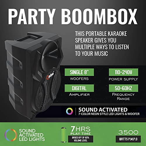 QAISE Portable PA System with Wireless Mic - Bluetooth Party Boombox Speaker & Karaoke Machine with Lights, Dual 10” Subwoofer, X-Bass & 8000 Watts Peak Power - SonicBoomer X-Dix