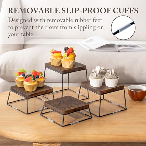 MyGift 6 Inch Square Display Risers for Food, Set of 4 Buffet Risers, Burnt Brown Solid Wood Top Riser with Matte Black Metal Wire Base, Dessert Table Display Cupcake Stands Set