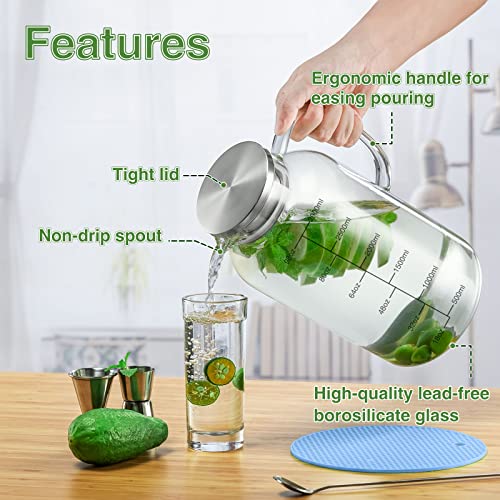 Hannadepot Glass Pitcher, Glass Water Pitcher with Lid, 118oz/0.92 Gallon Heat Resistant Borosilicate Glass Carafe with Pot Holder and Spoon Temperature Safe (118oz/3.5L)