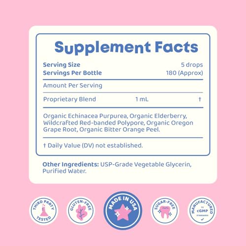 JoySpring Immune Drops - Kids Immune Support Liquid Supplement (2 fl oz) - Echinacea, Elderberry, Oregon Grape Root, Orange Peel, Vitamins A, B6, C - Natural Support System for Children & Adults