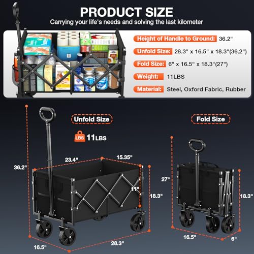 Nadonli Foldable Wagon with Wheels, Portable Heavy Duty Collapsible Beach Cart - Large Capacity Utility Wagon for Shopping, Sports, Camping,Garden,Grocery - Black