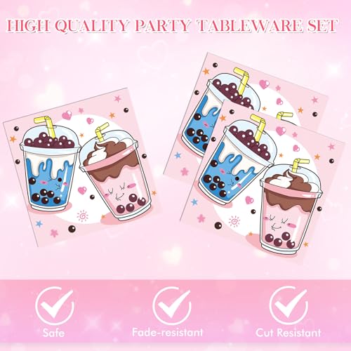 40PCS Boba Tea Party Decorations Boba Party Kit Bubble Tea Birthday Dinnerware Decoration Include Boba Tea Plate Napkins for Girl's Birthday Baby Shower