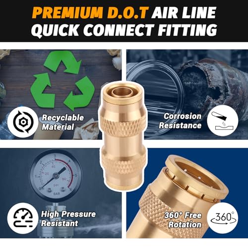 HaSaoMoi 1/2" Air Brake Line Fitting, (Half an inch) DOT Brass Push in Fitting, Push to Connect Union Fittings Air Brake Union 1/2" Tube OD for Trucks Trailers andIndustrial Use (4 Pack)