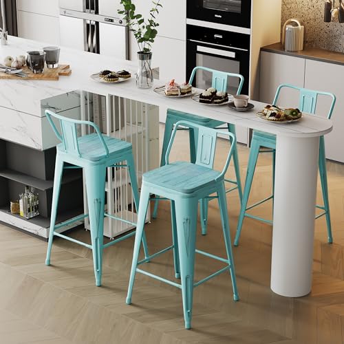 Alunaune 24" Metal Bar Stools Set of 4 Industrial Counter Height Barstools Kitchen Counter Stool Wood Top Low Back-Distressed Blue
