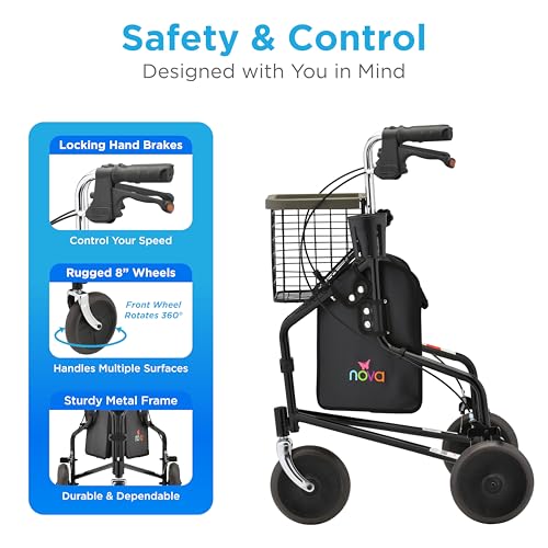 NOVA Traveler Folding 3-Wheel Walker with Tray, Basket, Pouch & Cup Holder, Lightweight Mobility Aid for Seniors & Adults, 8” All-Terrain Wheels for Tight Spaces & Travel, Black