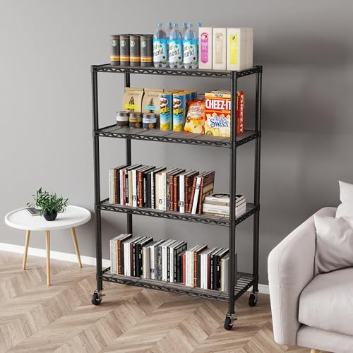 EZPEAKS 4-Shelf Shelving Units and Storage on 3'' Wheels with 4-Shelf Liners, 36W X 14D X 57.7H Adjustable Heavy Duty Steel Wire Shelving Unit for Garage, Kitchen, Office, Pole Diameter 1 Inch