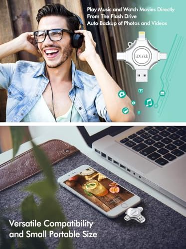 MFi Certified iDiskk 128GB Flash Drive for iPhone 15 16 iPad USB 3.0 Lightning Drive 4 in 1 Multi Functional External Storage for iOS and Android Samsung Phones Type c Devices and MacBook Photo Drive