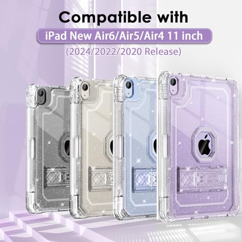 ZoneFoker for iPad Air 11 Inch Case 6th/5th/4th Generation M2 11-inch 2024/2022/2020 Case, Clear Glitter Slim Cover for Kids with Pencil Holder Heavy Duty Shockproof Protective Case with Kickstand