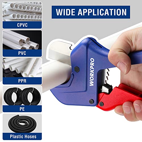 WORKPRO Ratchet PVC Pipe Cutter, Up to 1-5/8", Plastic Pipe and Tubing Cutter for PEX, PVC, PPR, and Plastic Hoses, High-quality Aluminum Die-casting Body with Sharp Stainless Steel Blades
