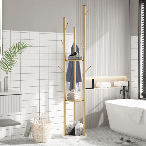 TIEOU Metal Coat Rack, Gold Coat Racks Freestanding with Shelves and Marble Base, Coat Tree with 9 Hooks for Scarves, Bags, Modern Coat Rack Stand for Entryway, Living Room, Bedroom, Easy Assembly