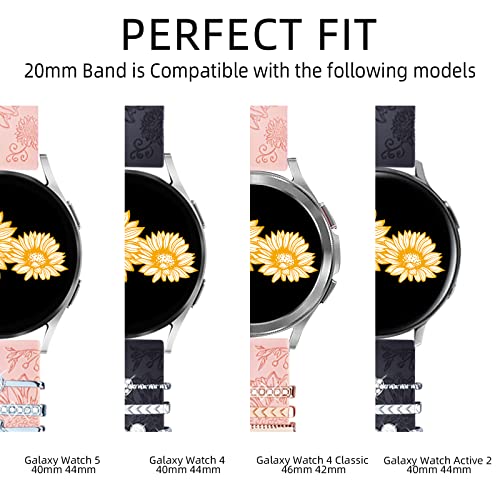 Galaxy Watch Band Charms (20mm Band Included) Compatible with Samsung Galaxy Watch 4 40mm 44mm, Bling Watch Band Charm Decorative Ring Loops with Engraved Sunflower Silicone Band, Black