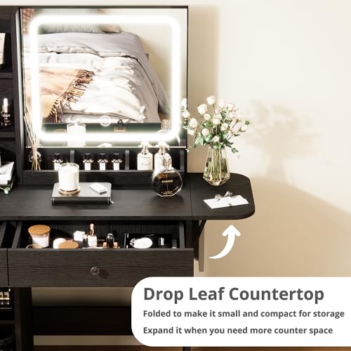 IRONCK Vanity Desk with LED Lighted Mirror & Power Outlet, Makeup Table with Drawers & Cabinet,Storage Stool,for Bedroom, Black