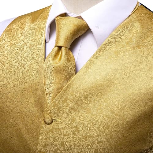 Hi-Tie Silk Paisley Orange Suit Vest and Tie Set for Mens Jacquard Formal Dress Waistcoat for Tuxedo Wedding Party Business