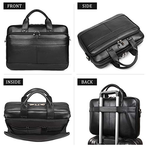 Augus Genuine Leather Messenger Bag for Men Vintage Travel Backpack 14 inch laptop Briefcase Shoulder Bags Black With YKK Metal Zipper