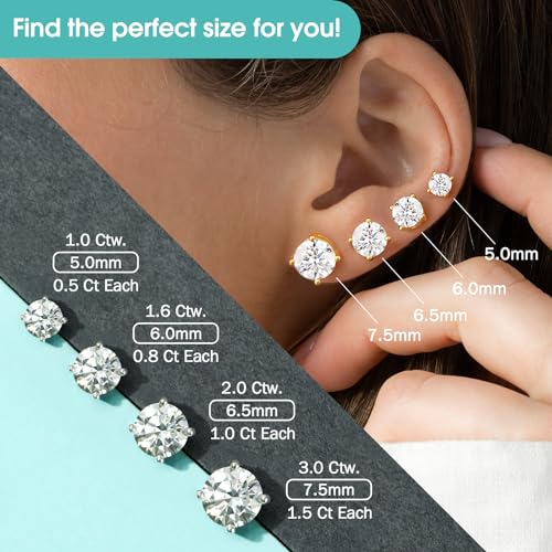 Moissanite Lab Created Diamond Earrings 1.0ctw-3.0ctw Solitaire Studs, D Color VVS1, Hypoallergenic 925 Sterling Silver, 14K Gold Plated, Friction Back - Gift for Women & Men, 4mm, 4P