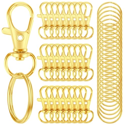 50PCS Metal Lobster Claw Clasp with Key Rings, 25PCS Keychains Clips Hooks and 25PCS Key Chain Rings, Keychain Accessories, Keychain Rings Making kit for Crafts, Gold