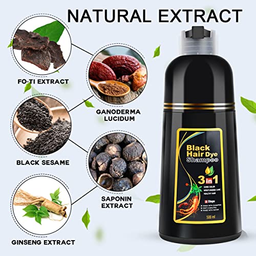Black Hair Dye Shampoo 3 in 1 for Gray Hair Coverage Hair Dye Champu Para Canas Hair Color Shampoo for Men and Women Herbal Hair Dye Shampoo