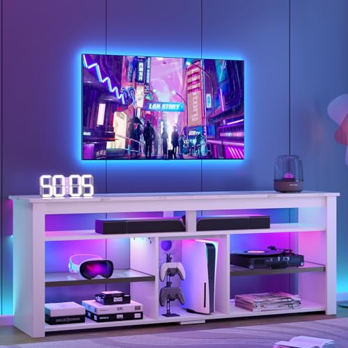 Bestier TV Stand for 65/70 inch TV, Tall Entertainment Center with 2 Led Lights, Gaming TV Console with Storage for PS5, Modern TV Cabinet for Bedroom, Living Room, Black Carbon Fiber