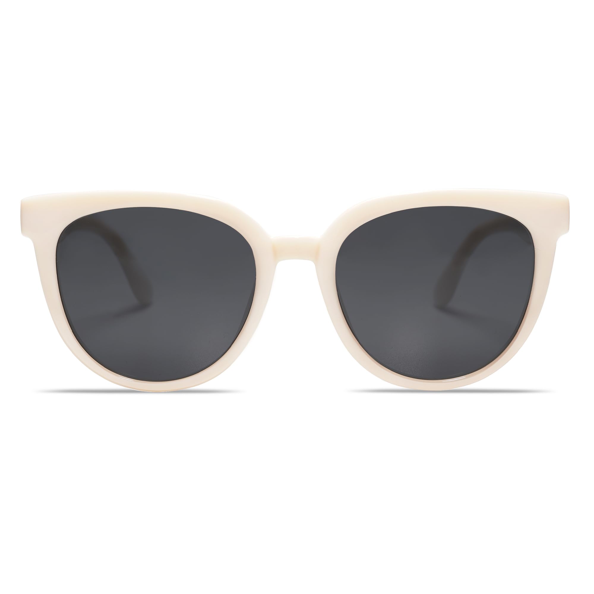 SOJOS Trendy Cat Eye Round Polarized Sunglasses for Women Fashion UV Protection Sunnies Sunglasses SJ2175, Beige Frame/Grey Lens