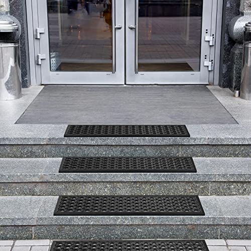Ottomanson Indoor/Outdoor Hose-Wash Holes Design Non-Slip Rubber 10" x 30" Modern Stair Treads for Stairs, Garage, Patio, 5 Pack, Black Holes