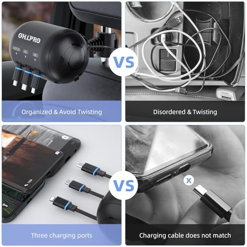 OHLPRO 3-in-1 Retractable Backseat Car Charging Station, 36W Fast Car Charger for All Phones (iPhone, Samsung), Ideal for Lyft, Turo, Uber, Taxi, Rideshare, Customer Charging Dock Attach to Headrest