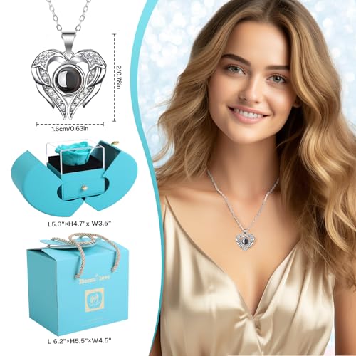 Preserved Real Cyan Rose Gift with I Love You in 100 Languages Necklace, Cute Gifts for Girlfriend, Women, Mom, Wife, Gifts Idea on Christmas, Valentine's Day,Birthday, Mother's Day
