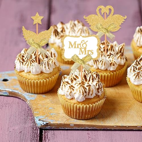 Blopee Wedding Cupcake Topper, Oblong Gold Mr and Mrs Cake Topper, Funny Wedding Cake Toppers Bride and Groom, 12 PCS Elegant Wedding Toppers for Cake Decorations