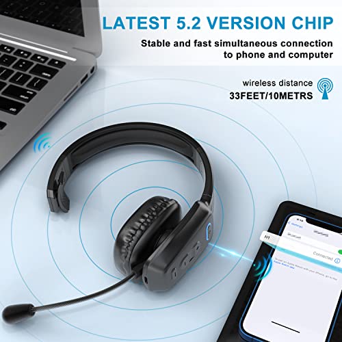 LEAYU Bluetooth Headset, Wireless Trucker Headset with Noise Canceling Microphone & Mute Button-60Hrs Truck Driver Headphone for Cellphone Office Work