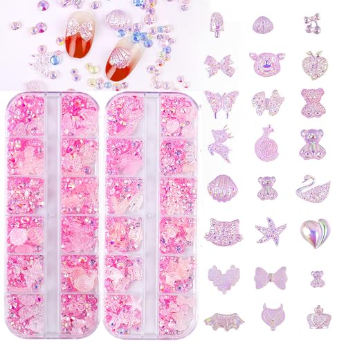 2 Boxes Variety Assorted White Nail Rhinestones Charms Acrylic White Heart Bow Animal Fruit Shapes 3D Cute Nail Charms for Manicure DIY Crafts Accessories