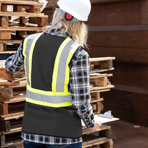 Pioneer Safety Vest for Women with Pockets - Hi-Vis Reflective Tape - for Construction - Black