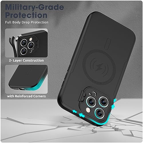 ABITKU Magnetic Case for iPhone 15 Pro Max 6.7 inch, with Camera Protector Kickstand Cover (Compatible with MagSafe & Car Holder), with Screen Protection Shockproof Phone Case for Men Women (Black)