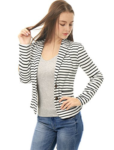 Allegra K Women's Notched Lapel Pocket Button Closure Striped Blazer Small White Brown