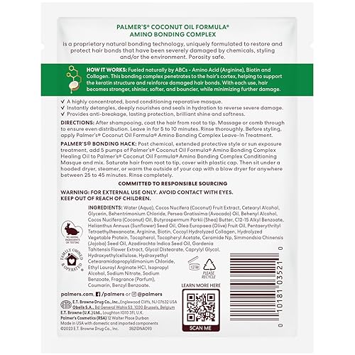 Palmer's Amino Bonding Complex Hair Mask, Intense Conditioning Masque Pack with Coconut Oil & Vitamin E, Heat Protectant, Anti Frizz, Adds Shine, Protects Hair Growth, All Hair Types, 2.1 oz packette