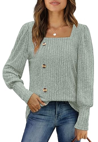 WIHOLL Black Sweaters for Women Fitted Square Neck Soft Button Pullover Tunic Tops S