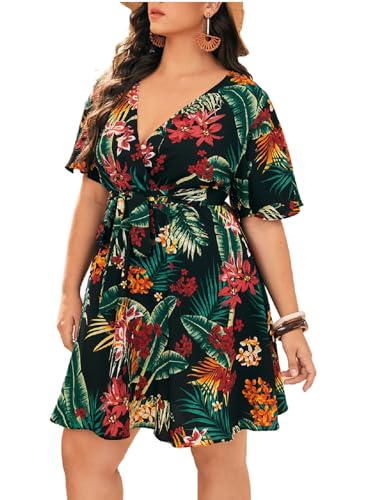 Floerns Women's Plus Size Tropical Print V Neck Short Sleeve Belted Short Dress Black Multi 0XL