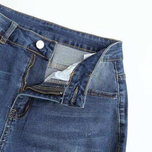 THUNDER STAR Womens Stretch Ripped Cropped Jeans Mid Rise Distressed Casual Denim Pants 1#Blue S