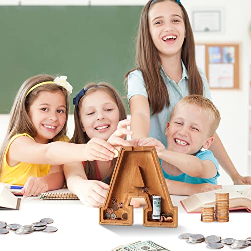 Wooden Letter Piggy Bank for Kids Boys Girls Large 26 Alphabet Money Bank Personalized Custom Name Transparent Saving Coin Bank, Perfect Christmas,Birthday Gift for kids Adults and Home Decoration (I)