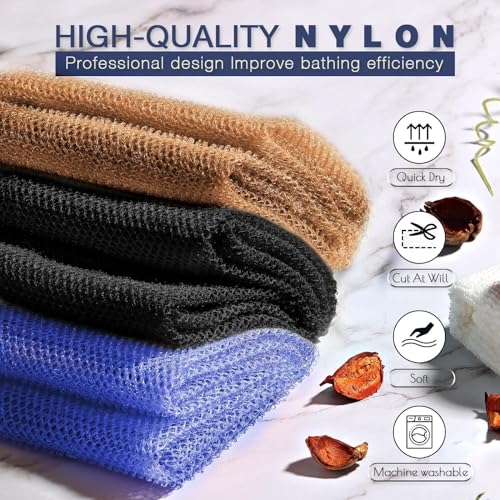UJFQBH 3 Pieces African Bath Sponge African Net Long Net Bath Sponge Exfoliating Shower Body Scrubber Back Scrubber Skin Smoother,Great for Daily Use (Purple, Pink,Green)