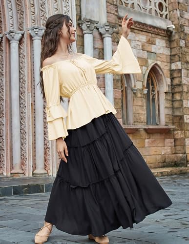 Womens Summer Tops Dressy Casual Bell Sleeve Renaissance Pirate Shirt Hide Tummy Peplum Blouse Apricot S