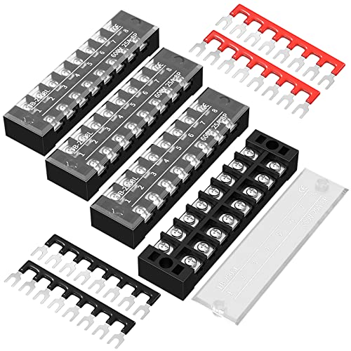 Joinfworld Terminal Block 25A 600V Dual Row Screw Terminal Strip with Cover, 8 Position Pre-Insulated Wire Terminal Block with Jumpers - 4 Pack